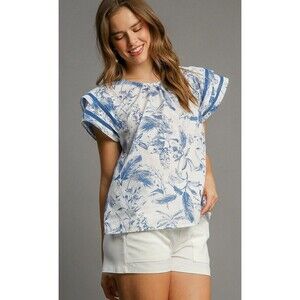 New Umgee S M L Sky Blue Cream Botanical Floral Toile Cotton Double Layer Sleeve